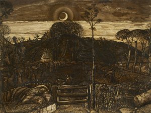 1825年後半のトワイライト（ペンと濃い茶色のインク、アラビアゴムを混ぜたセピア色のブラシ付き、ニス塗り）